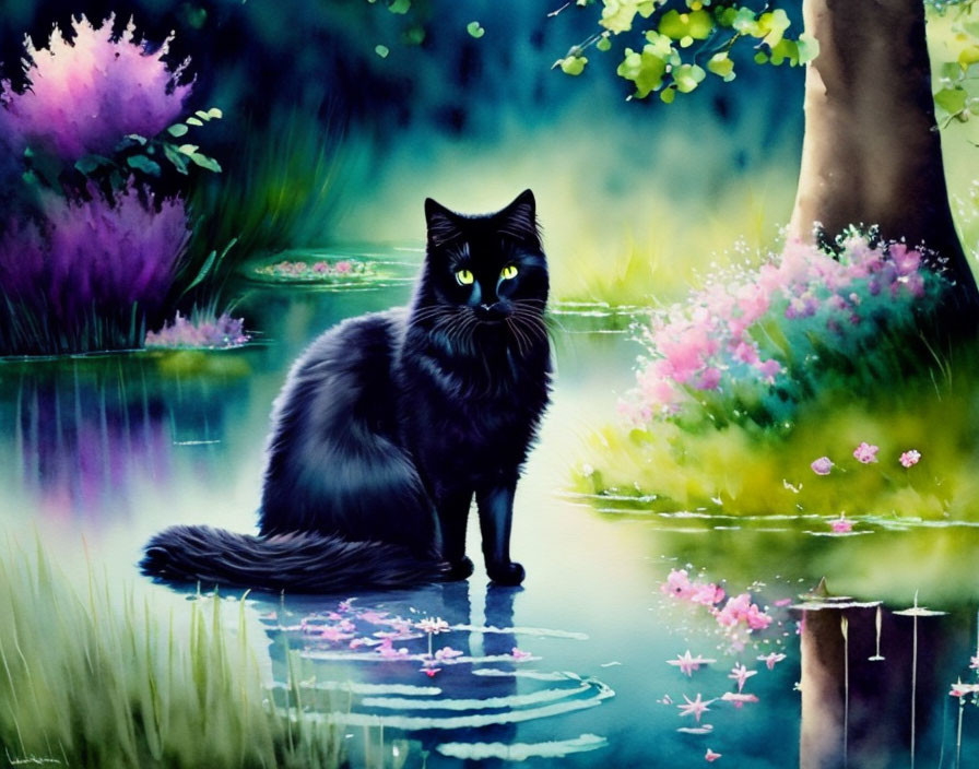 Black cat with yellow eyes by tranquil pond and lush greenery