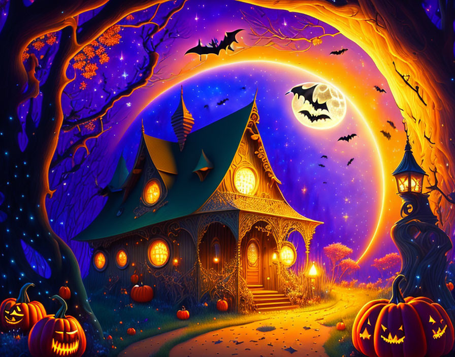 Colorful Halloween illustration with haunted house, jack-o'-lanterns, bats, and full moon