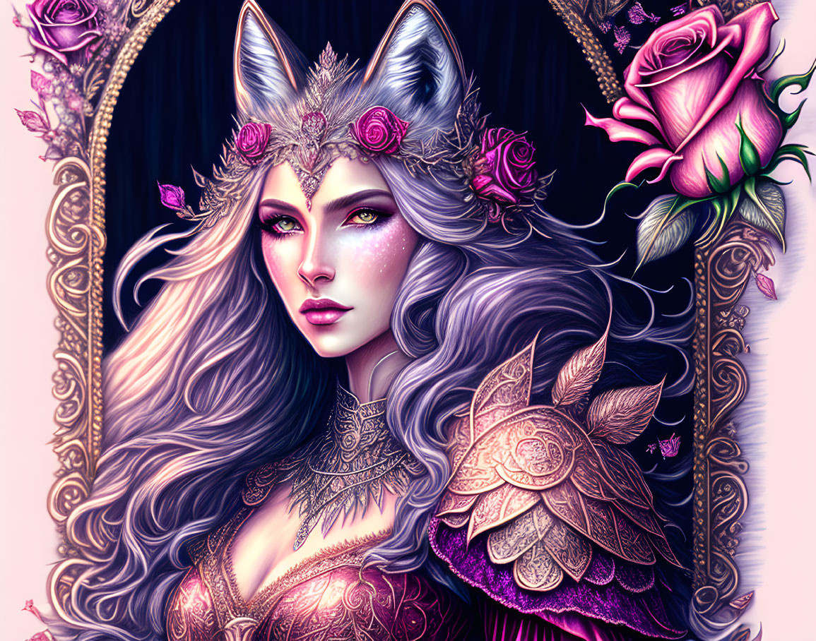 Mystical woman with wolf ears in ornate rose armor and frame.