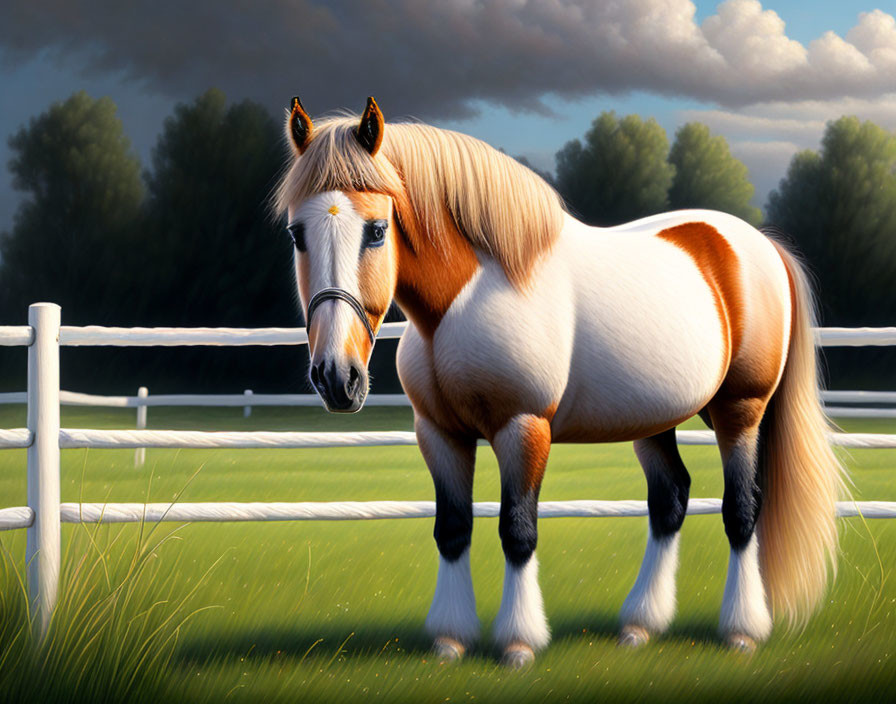 Palomino and White Pinto Horse in Sunny Pasture