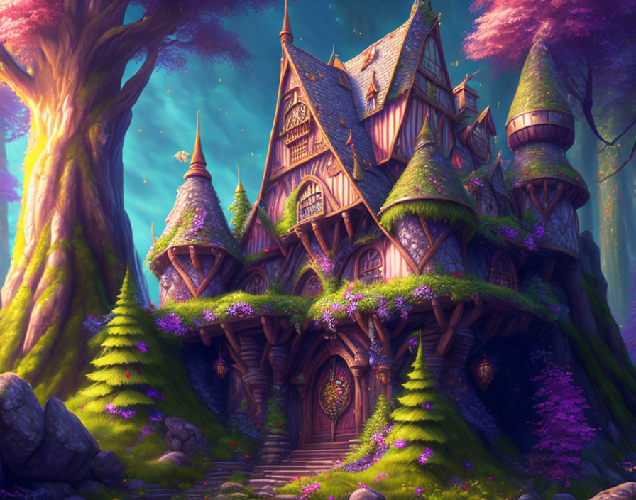 Pointed Roof Fairytale Cottage in Mystical Forest with Purple Flora