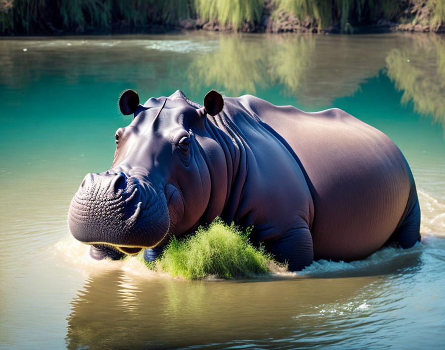 Submerged Hippopotamus in River Sunlight Highlighted