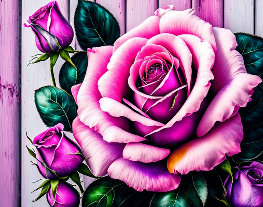 Colorful digital artwork: Purple and pink roses on white wooden backdrop