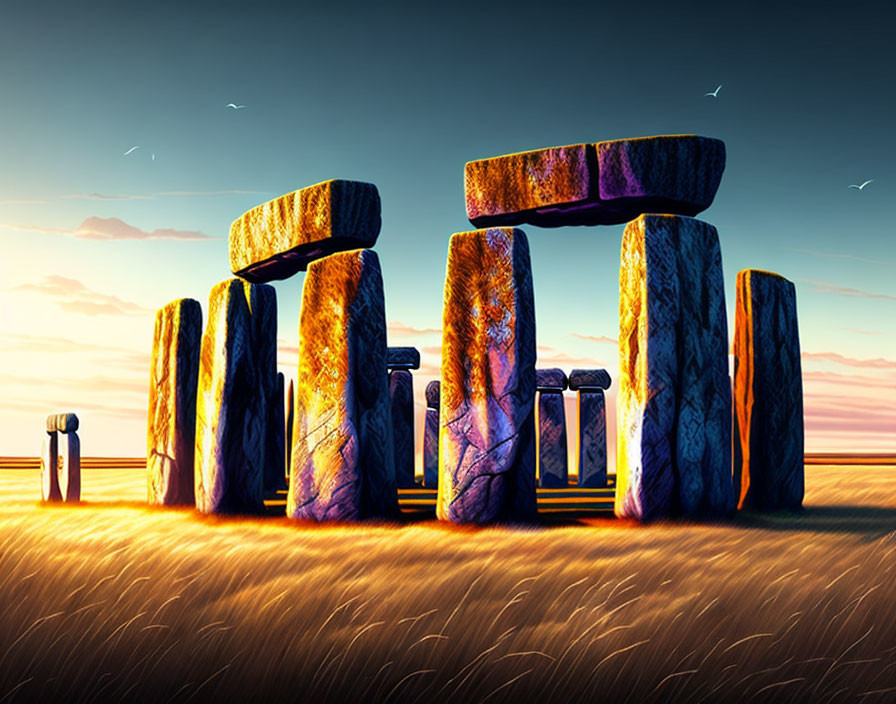 Digital illustration: Stonehenge at sunset with warm golden light and blue sky