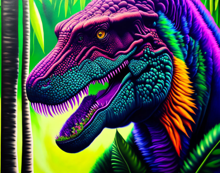 Colorful Tyrannosaurus Rex Head Painting with Sharp Teeth and Intense Eye