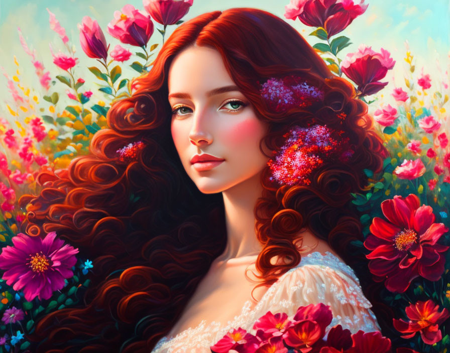 Digital illustration: Woman with red hair in flower garden