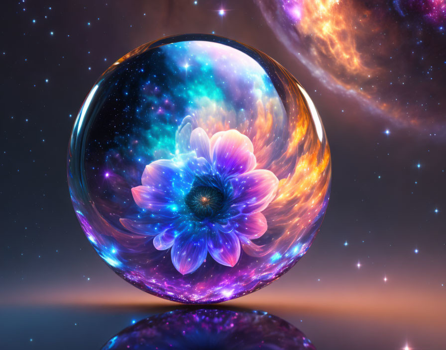 Colorful cosmic bubble with blooming flower in deep space.