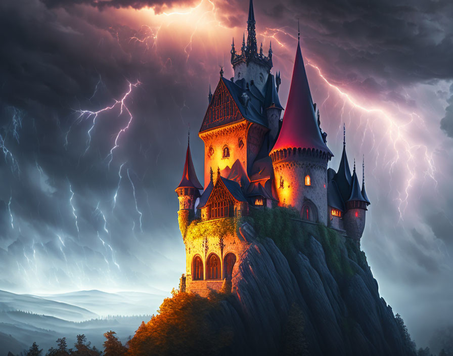 Gothic castle on craggy hilltop in stormy sky lightning.