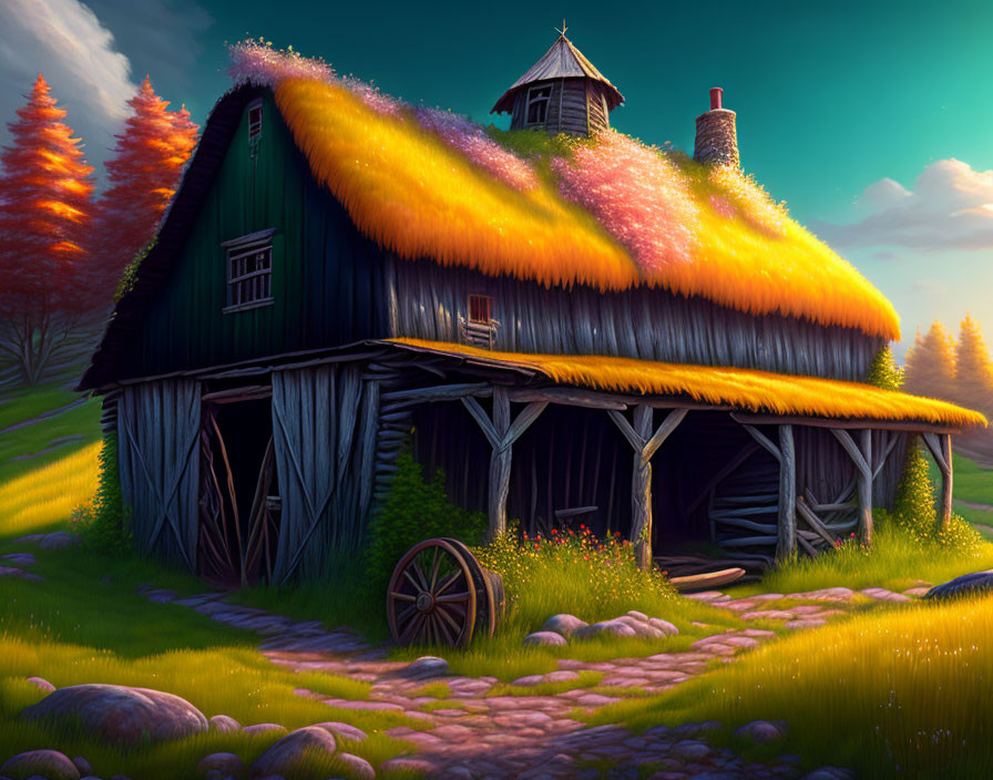 Colorful illustration of a thatched roof cottage in a sunny meadow