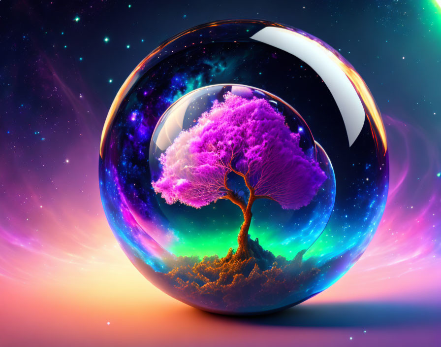 Colorful digital artwork: Pink tree in sphere on cosmic background