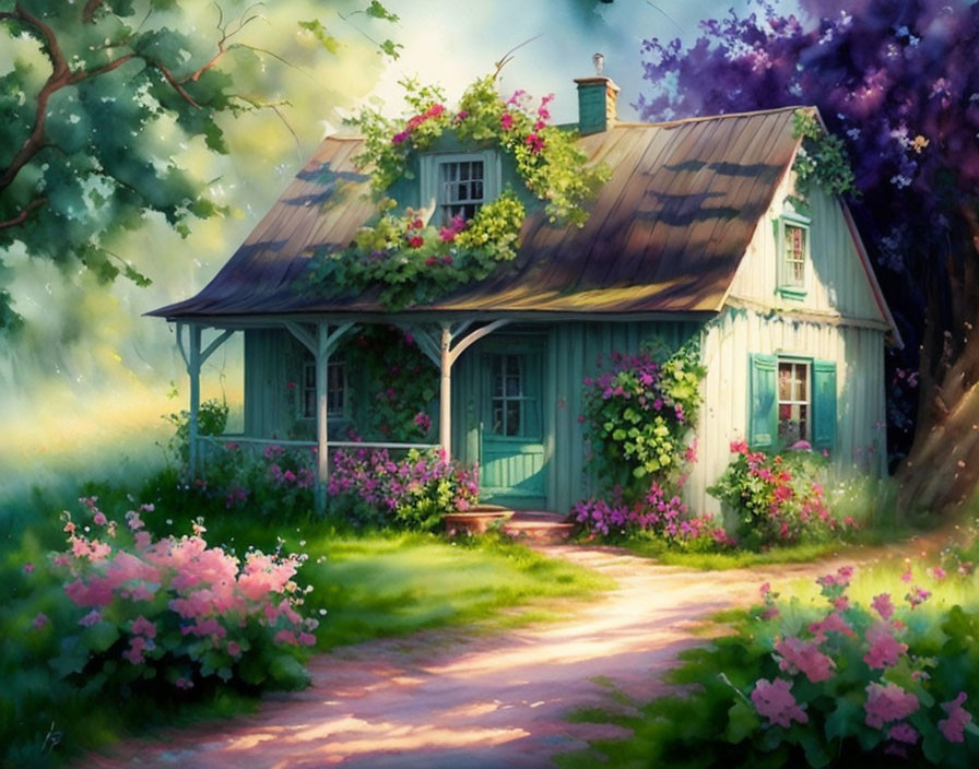 Charming cottage with green roof and climbing flowers in serene setting