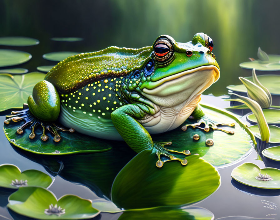 Colorful Digital Illustration: Green Frog on Lilypads in Tranquil Pond