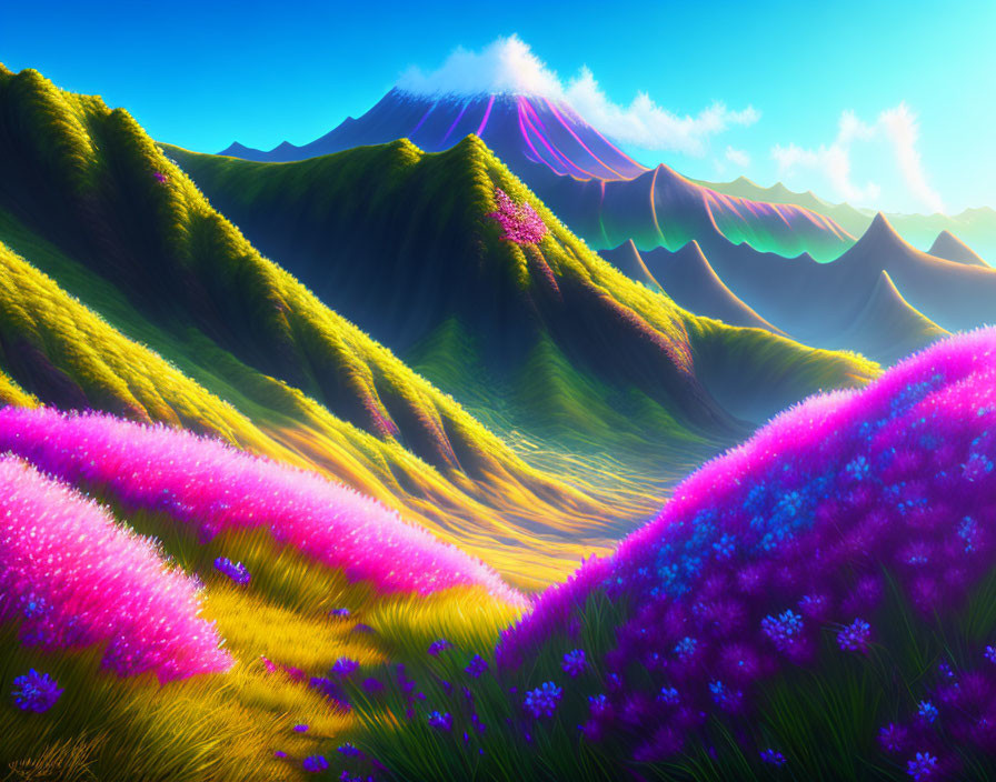 Colorful mountain landscape with green hills and flowers under a blue sky