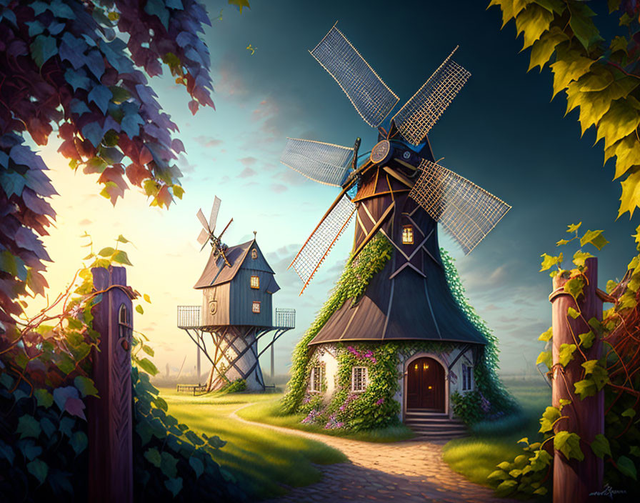 Picturesque windmills in lush greenery with cobblestone path at sunrise or sunset