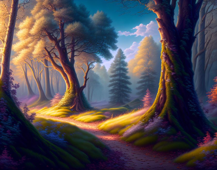 Sunlit enchanted forest path splits around large trees, mystical atmosphere.