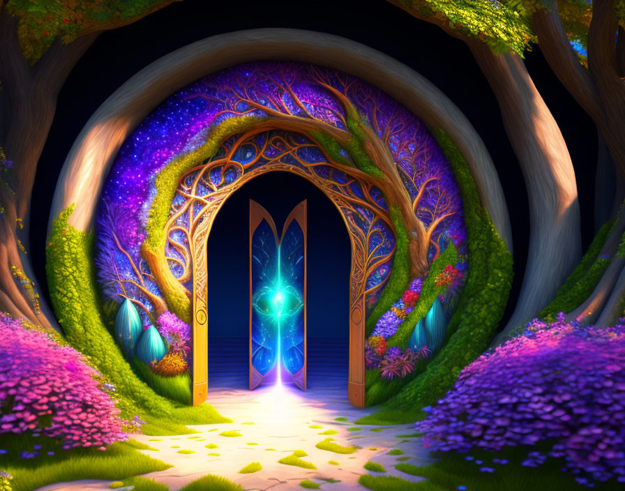 Fantasy archway in lush forest with stars and vibrant flora