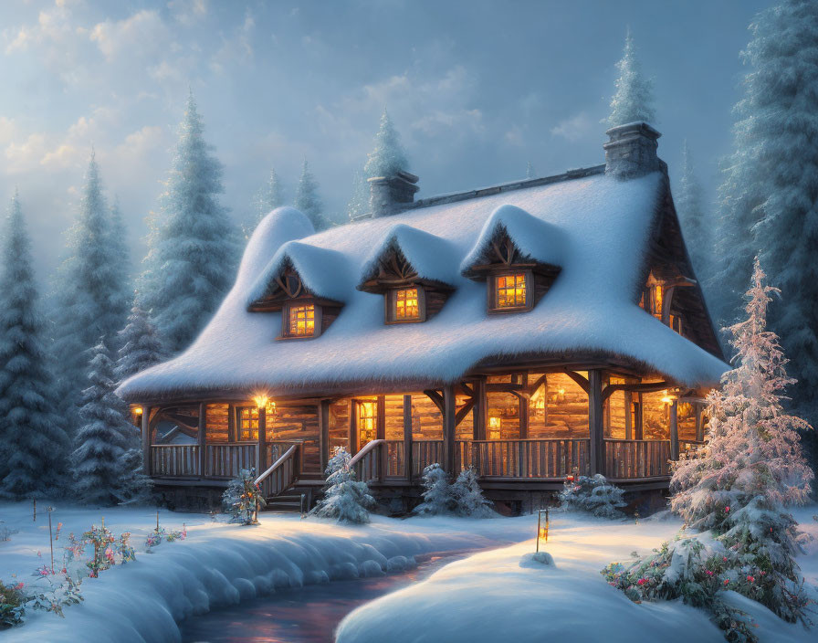 Snow-covered cottage nestled among frosty trees by flowing stream under twilight sky