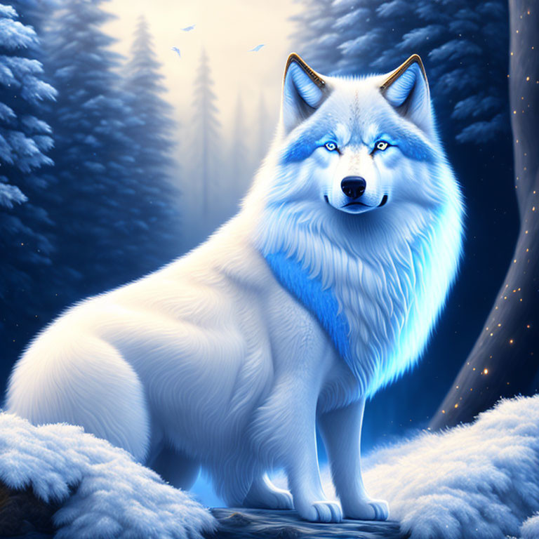 Majestic white wolf in snowy forest under twilight sky