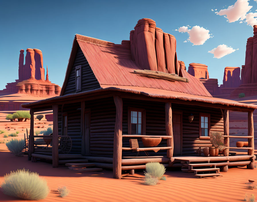 Desert wooden cabin with front porch and red sand.