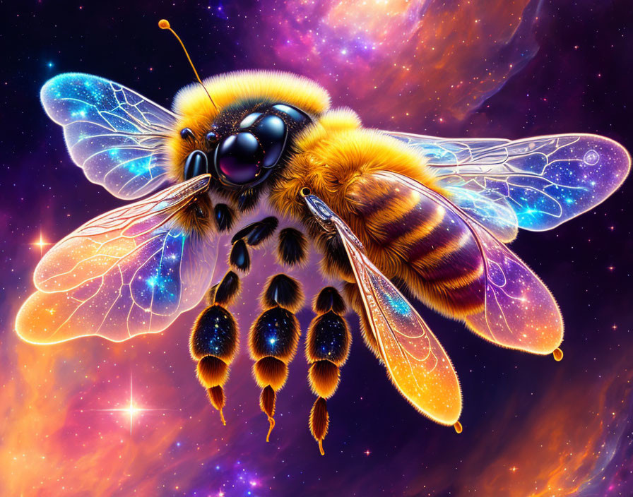 Vibrant digital artwork: Bee with translucent wings in cosmic setting