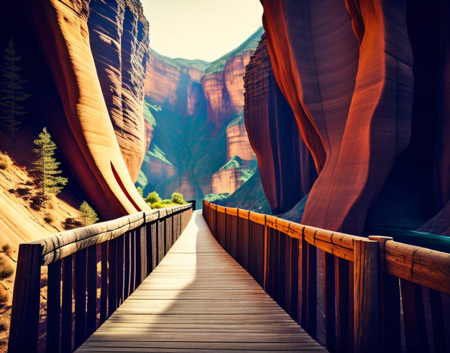 Majestic red rock canyon with wooden boardwalk