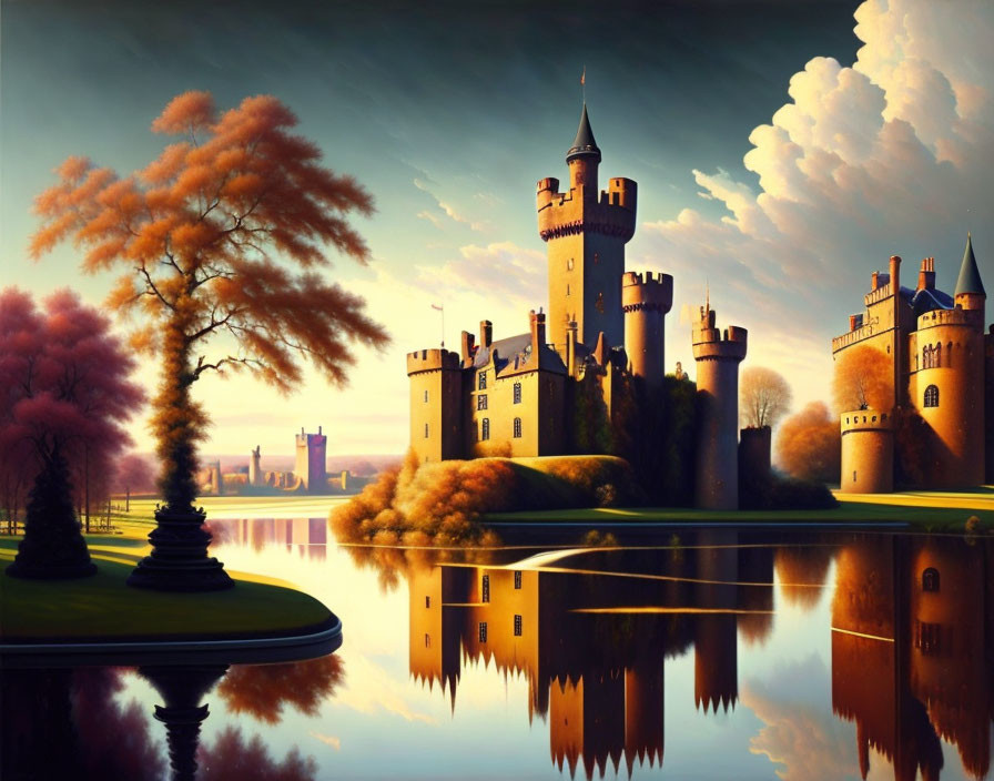 Majestic castle by reflective lake in autumnal landscape