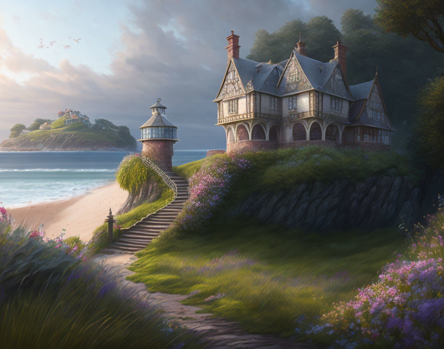 Victorian beachside house at dusk with lighthouse, path, greenery