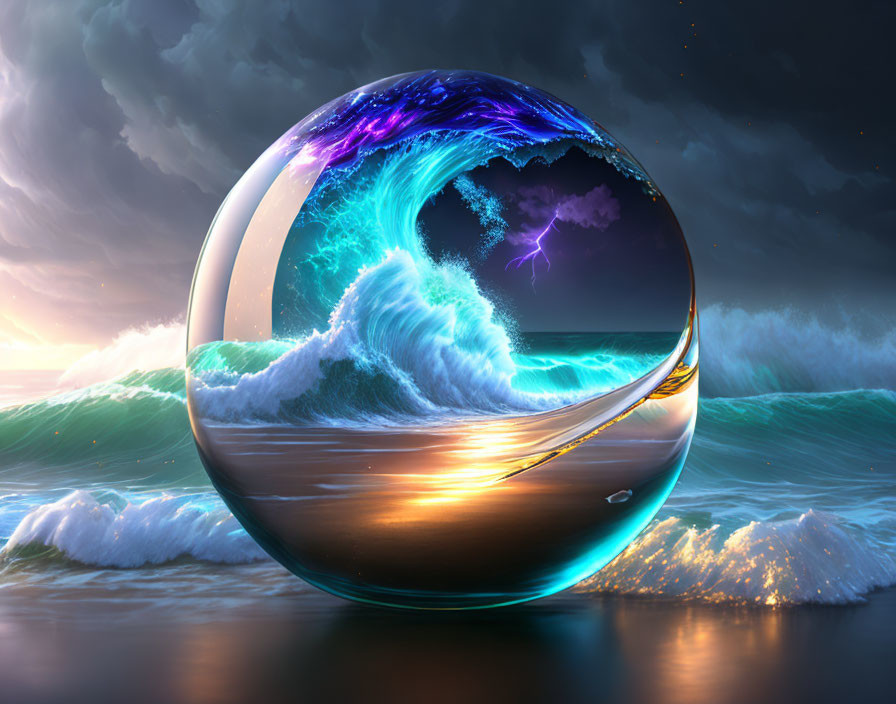 Reflective sphere with stormy sea and lightning in dramatic sky