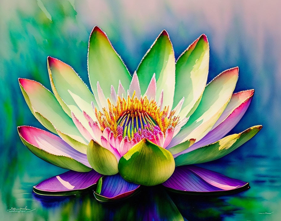 Colorful Water Lily Painting on Tranquil Water