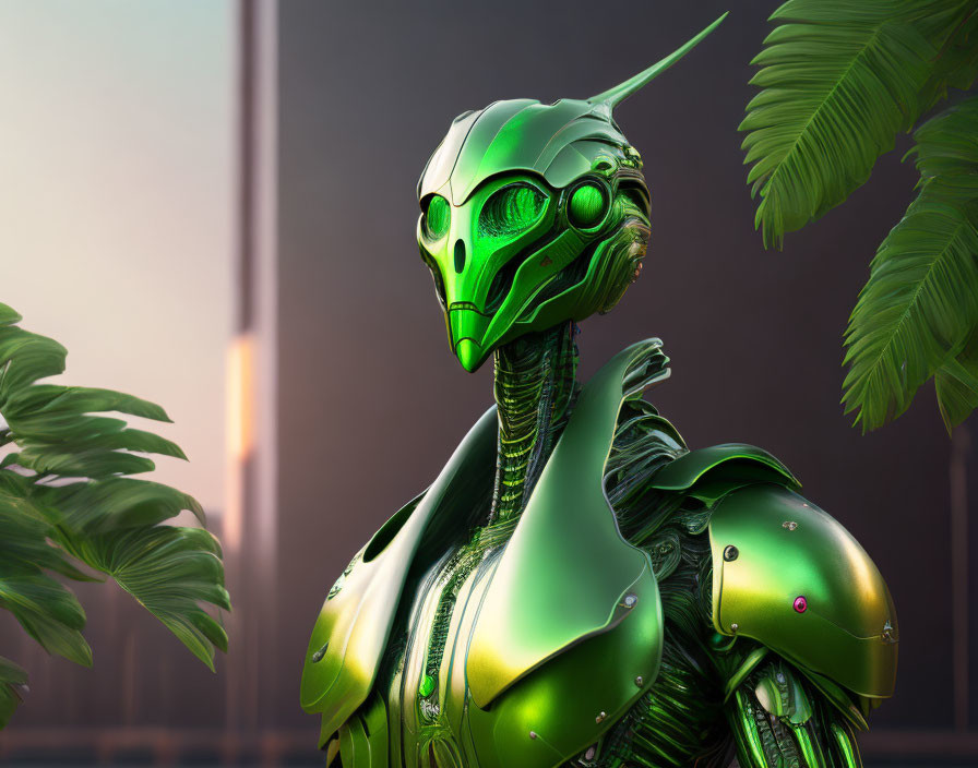 Detailed Green Metallic Robot with Insect-Like Head and Glowing Eyes Amidst Soft Light and F