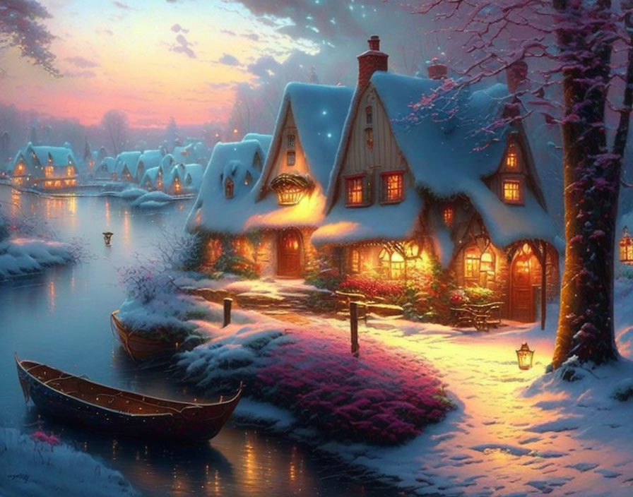 Snow-covered Thatched Cottages by River at Twilight