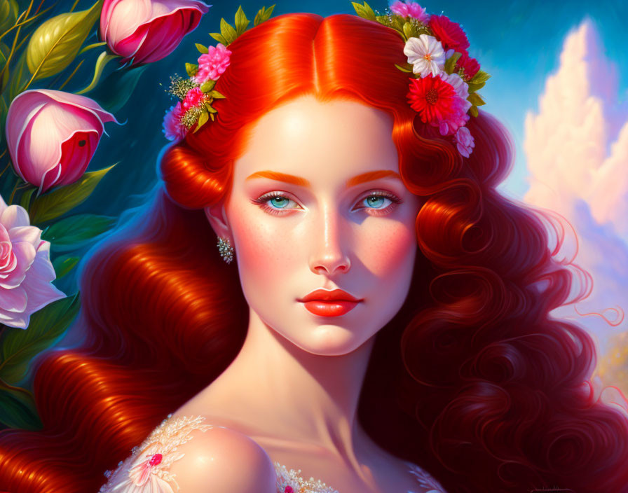 Vibrant red-haired woman with flowers in digital portrait