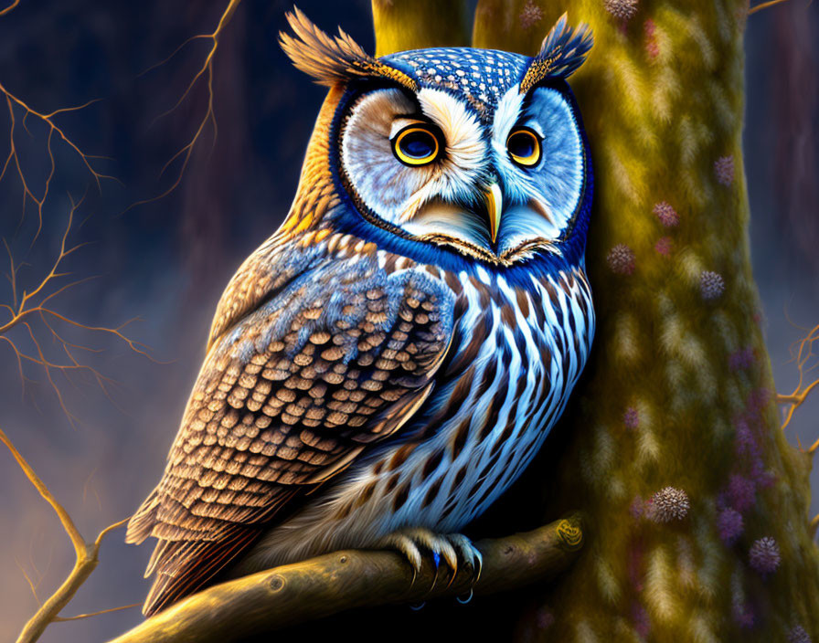 Detailed Owl Illustration Perched on Branch at Twilight