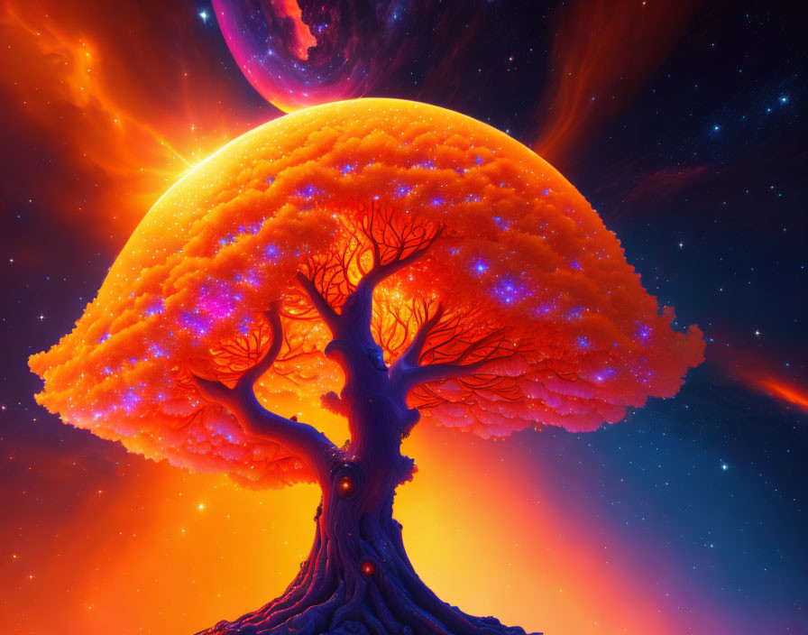 Fantastical digital artwork: fiery tree under cosmic sky