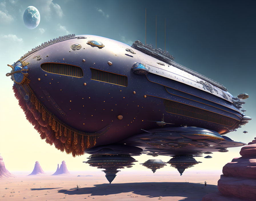 Gigantic futuristic spaceship over alien desert with city-like structure