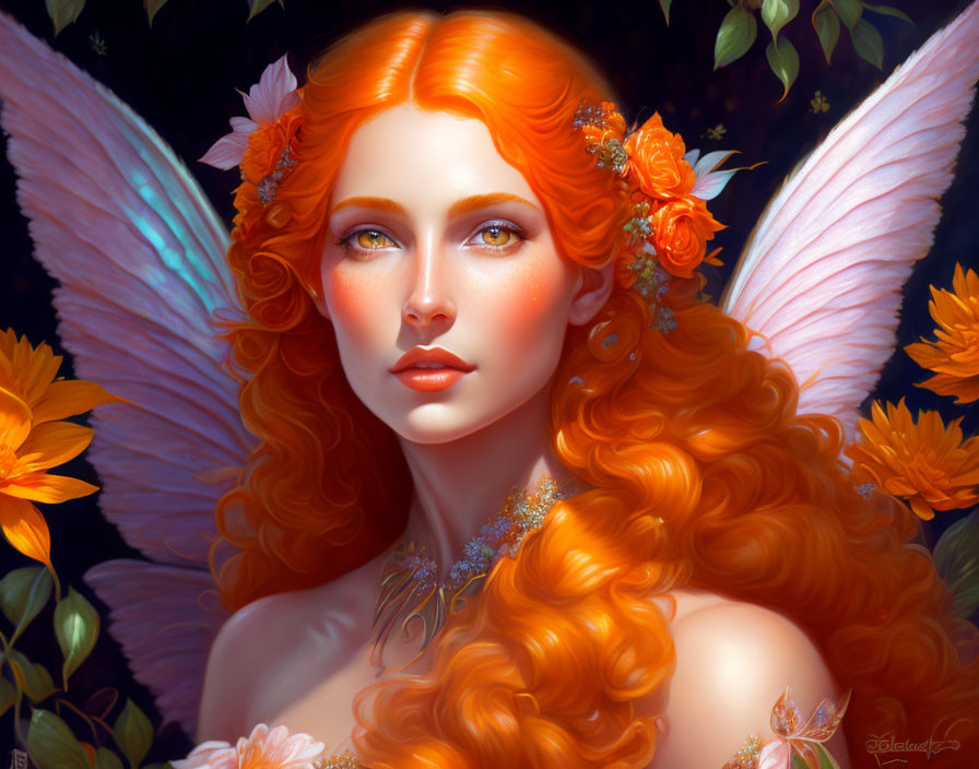 Colorful Fairy Illustration with Orange Hair and Flowers on Dark Background