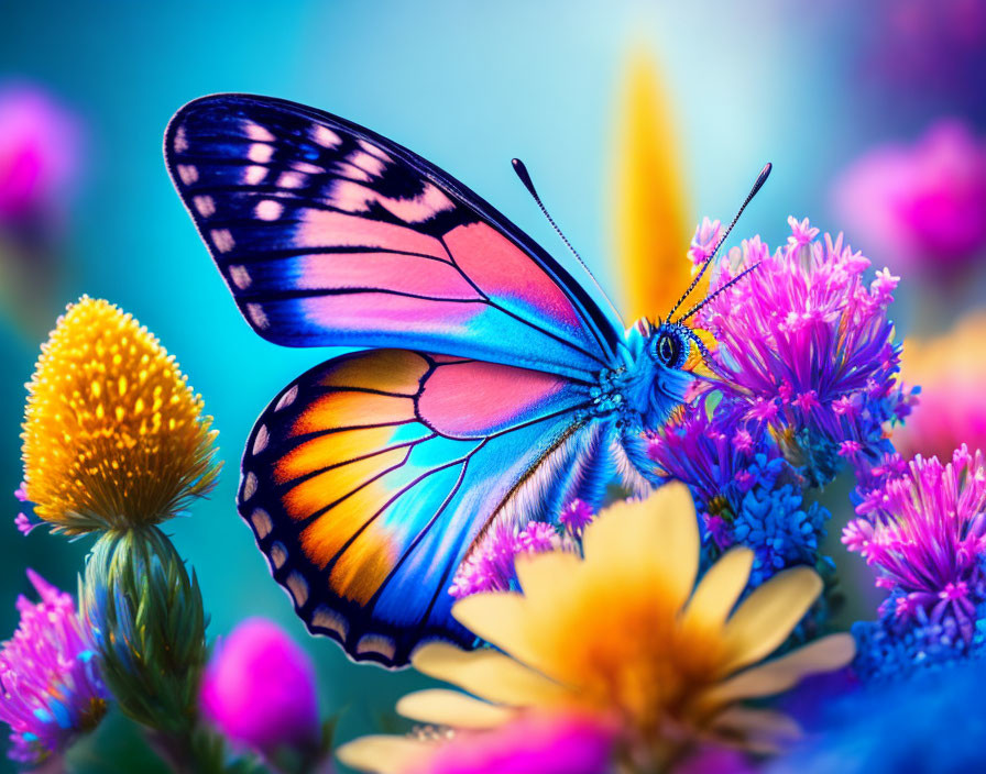 Colorful butterfly on purple and yellow flowers in teal setting