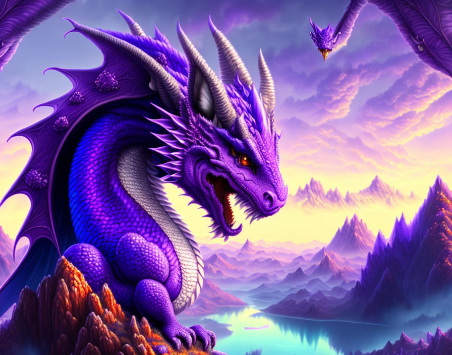 Purple dragon with multiple horns in fantasy landscape at sunset