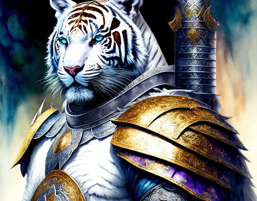 White tiger in golden-trimmed armor with blue eyes