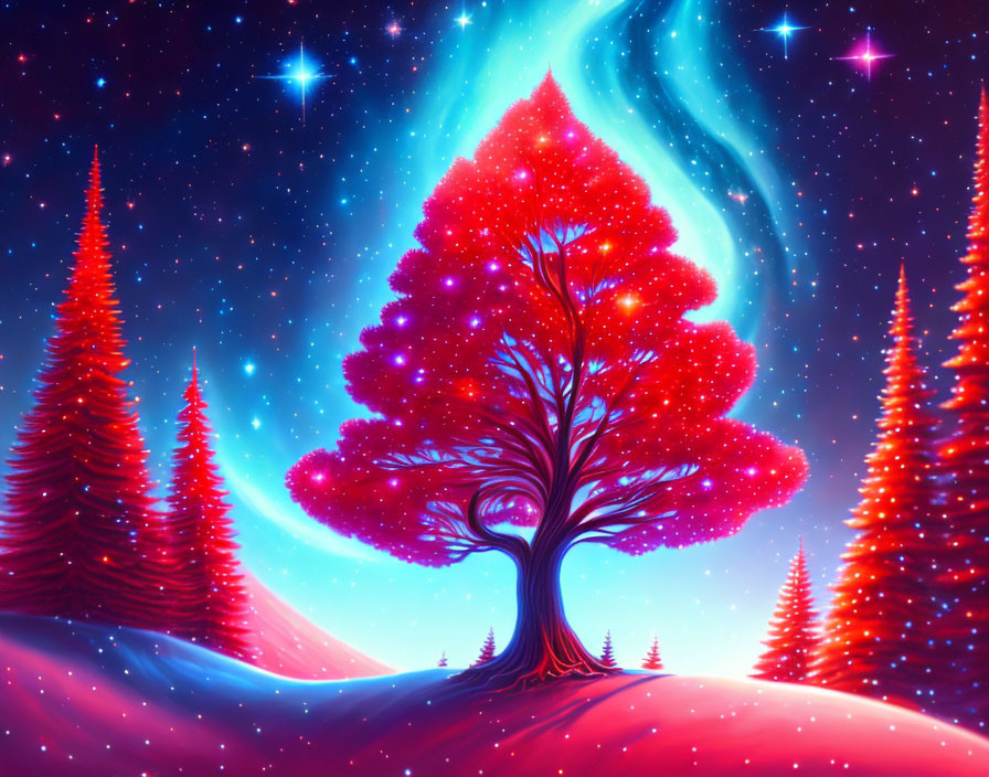 Vibrant digital artwork: Red tree, aurora, starry sky, red pine trees,