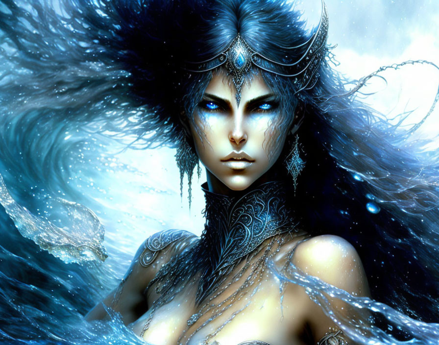 Fantasy illustration of woman with blue eyes and silver headdress on swirling blue background