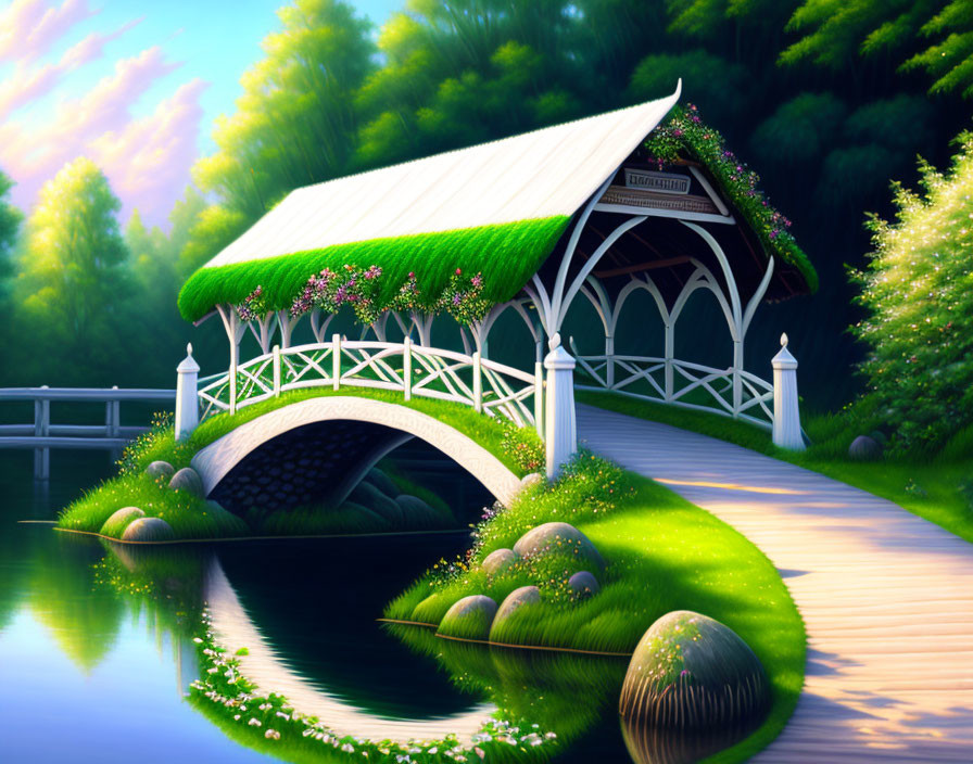 Covered bridge over serene creek with lush greenery and flowers