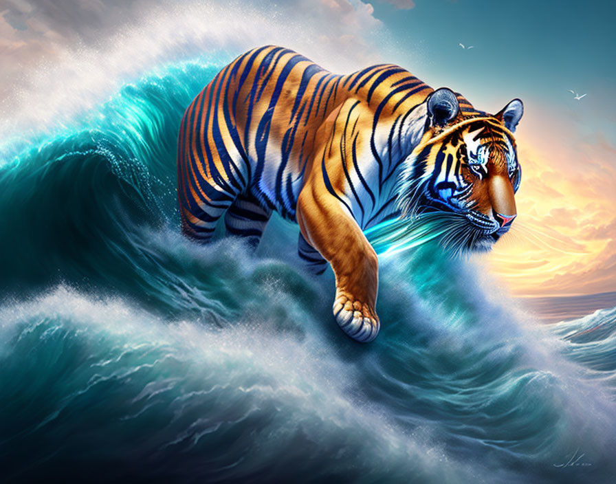 Colorful Tiger Walking on Waves Under Dramatic Sky