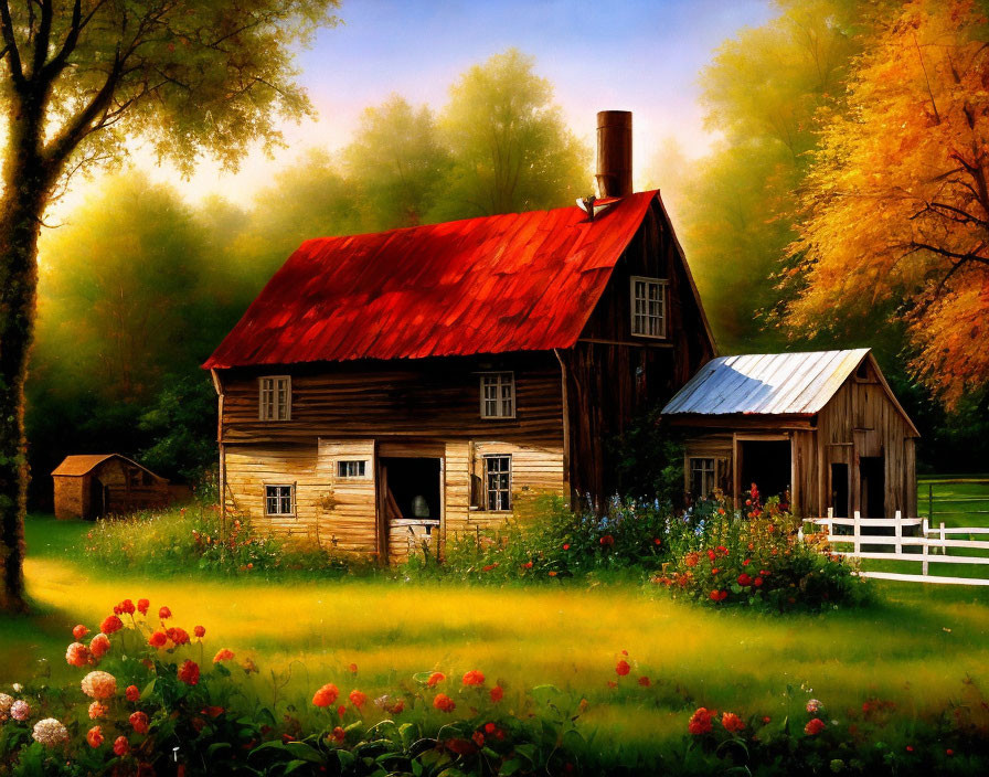 Rustic wooden house with red roof in lush greenery and autumn backdrop