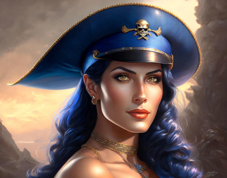 Digital artwork featuring woman with blue hair and pirate hat by rocky coast