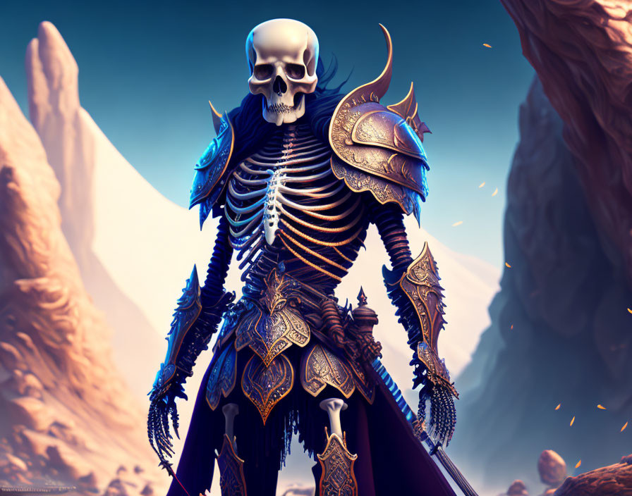 Skeleton in ornate blue-accented armor in rocky landscape