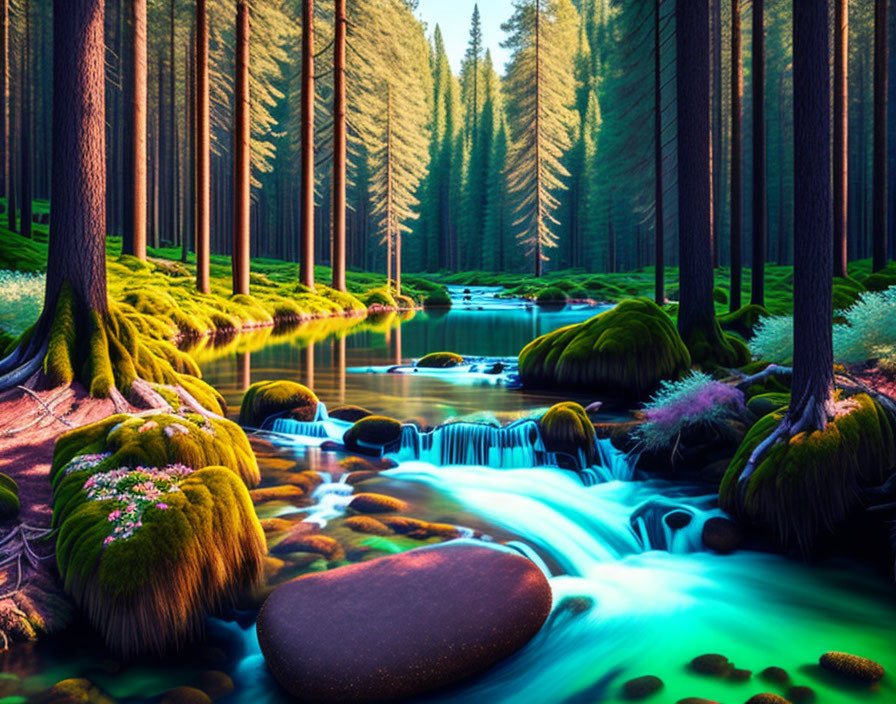 Serene forest stream with moss-covered rocks and lush flora