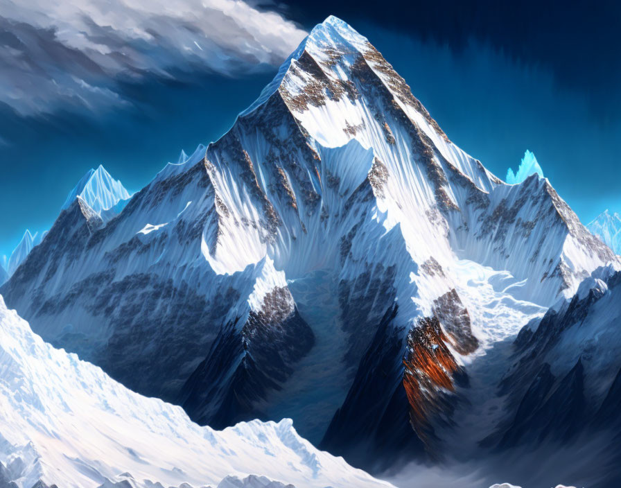 Snow-Covered Mountain with Steep Peaks and Blue Sky