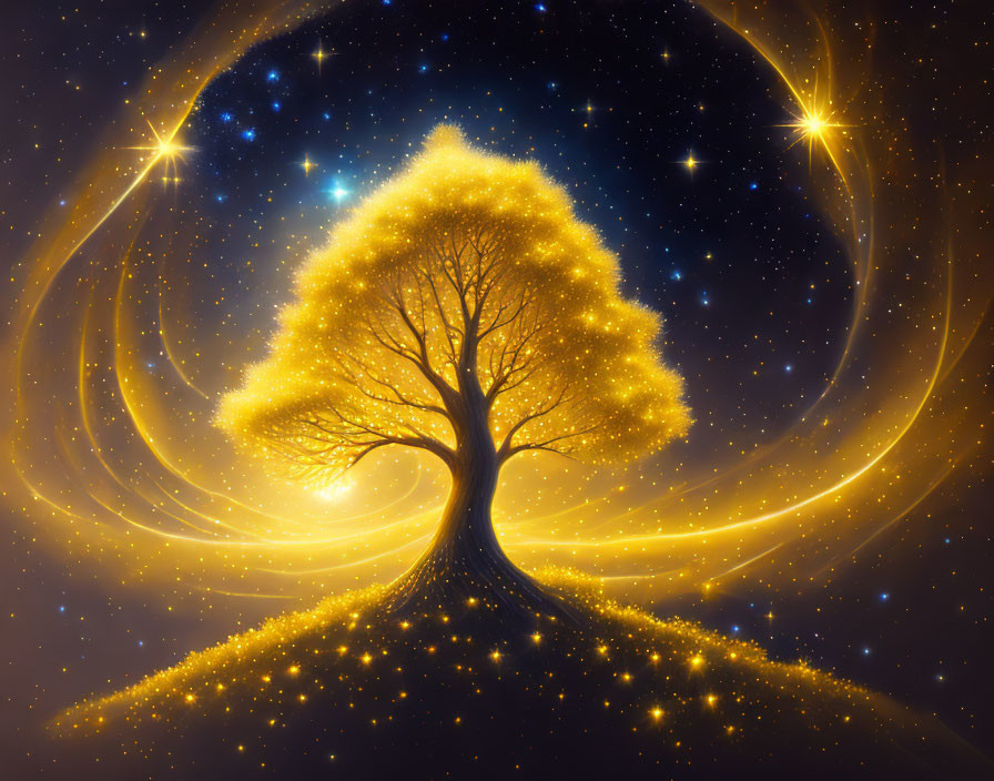 Golden tree against starry night sky blending with cosmos