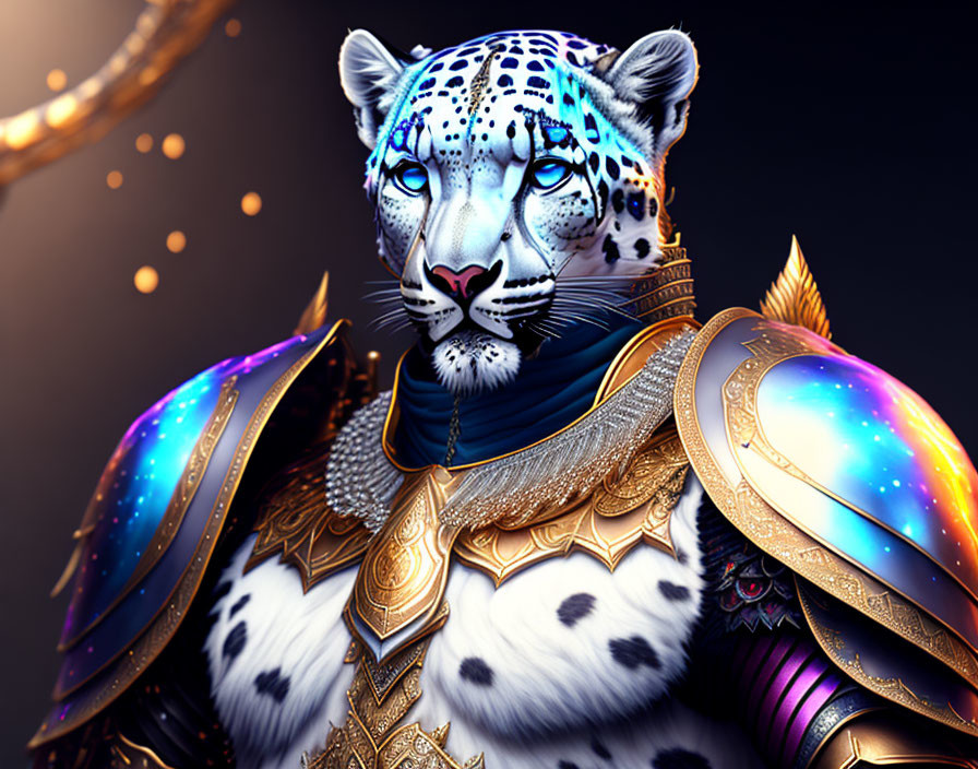 Majestic snow leopard in golden cosmic armor on dark background